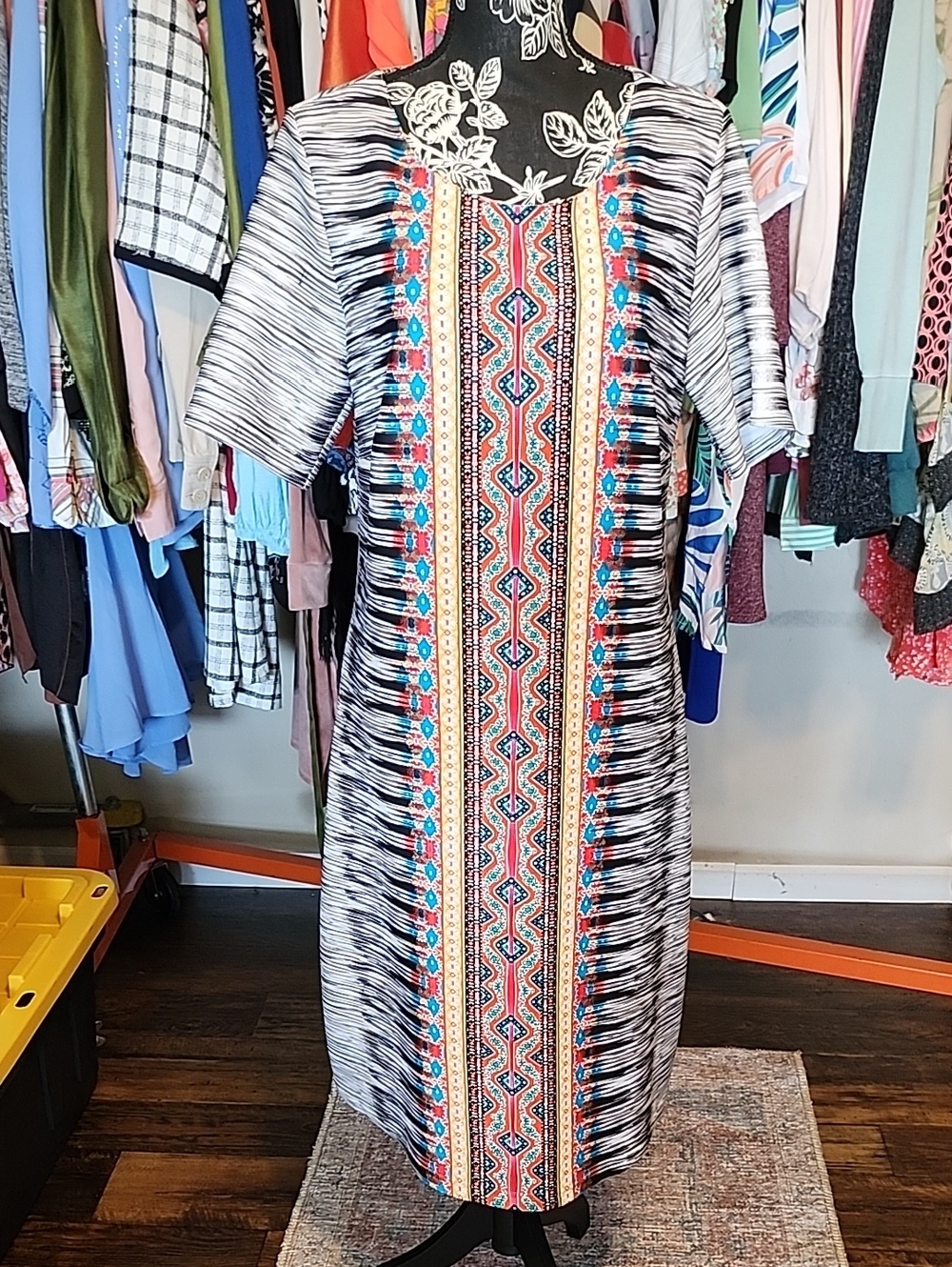 Midi Shift Dress with Black Stripes and Coral Geometric Panel